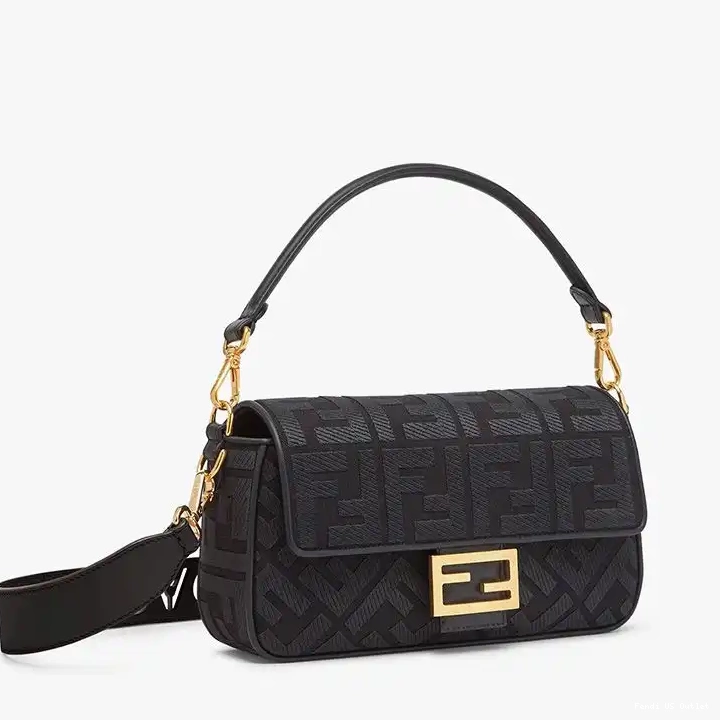 Vintage HOT Black Strap FF Medium Fendi Motif with In Baguette Cut Canvas Laser Bag 0624